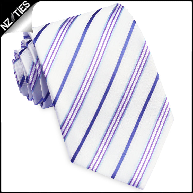 Ivory with Blue, Violet, Indigo & White Stripes Mens Necktie