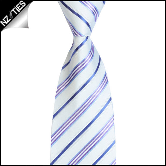 Ivory with Blue, Violet, Indigo & White Stripes Mens Necktie 2