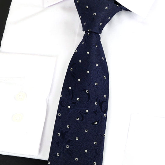 Dark Blue Floral Pattern with White Squares Silk Tie 2