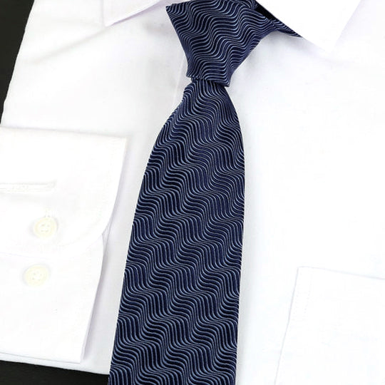 Dark Blue Waves Pattern Silk Tie 2