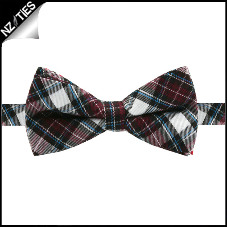 Boys Burgundy, Blue, Black and White Tartan Bow Tie