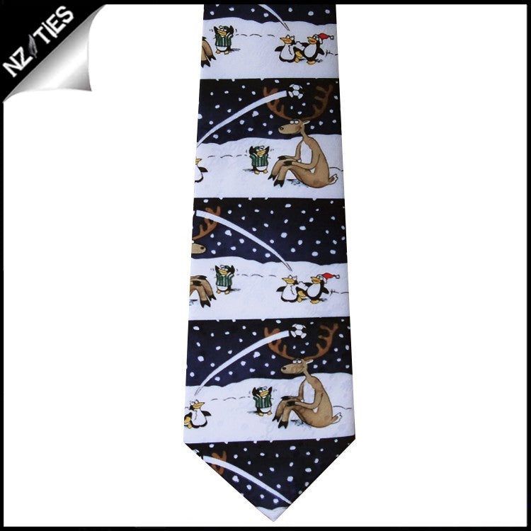 Black Reindeer Penguins Sports Christmas Tie