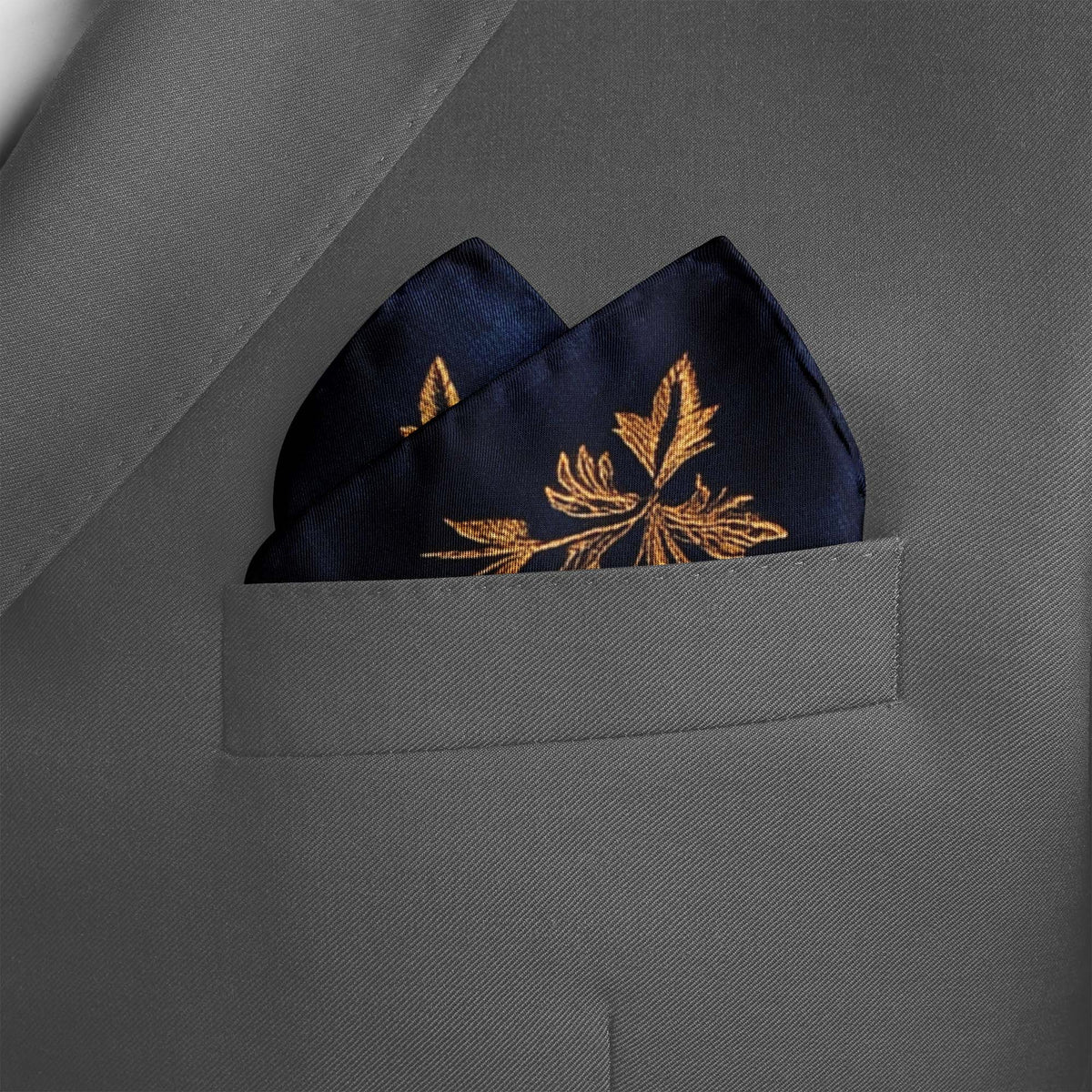 Genuine Silk Midnight and Gold Bird Flight Pocket Square
