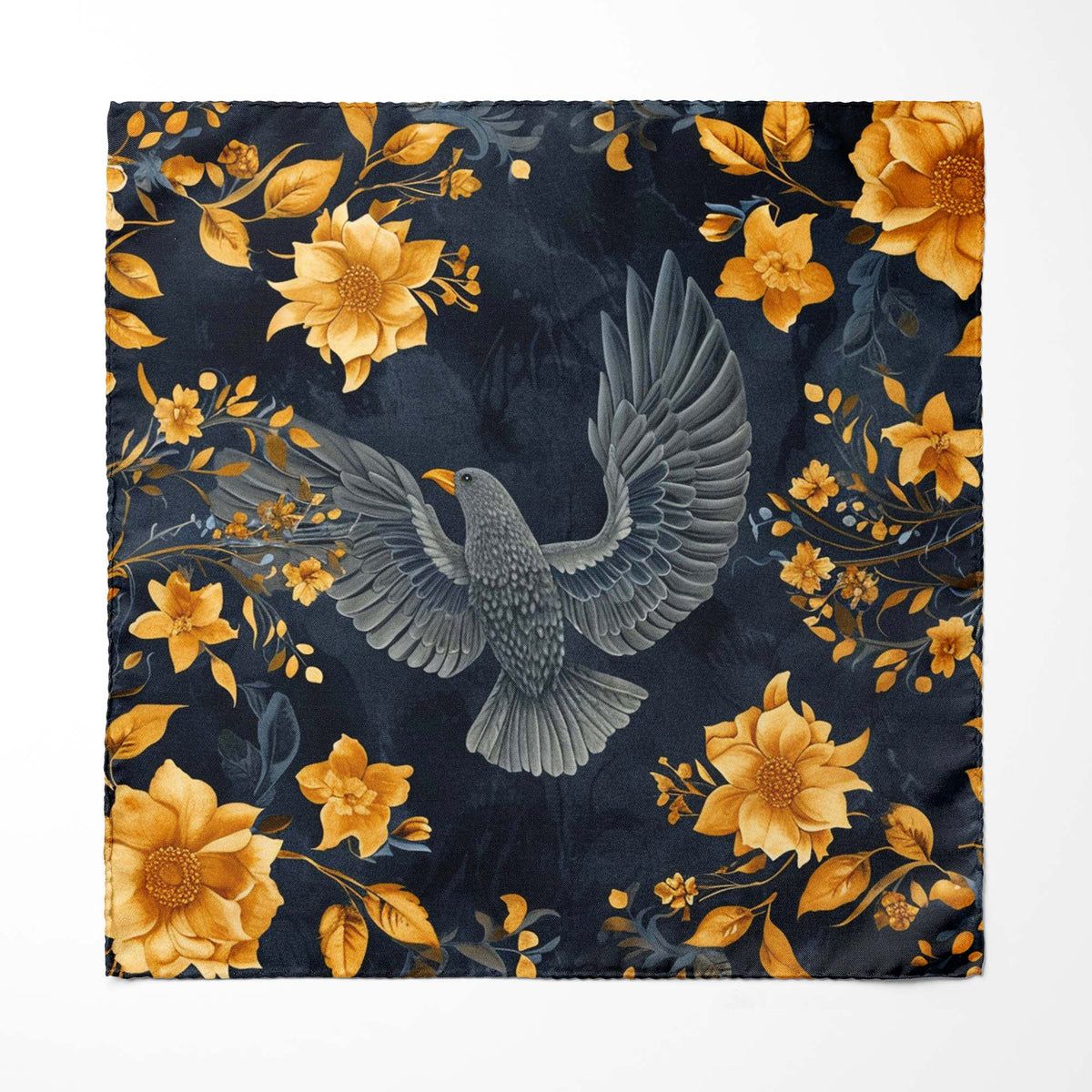 Genuine Silk Midnight Sparrow and Marigold Sky Ascot Cravat