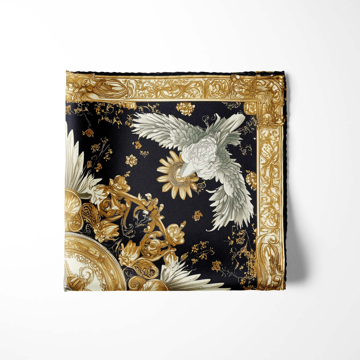 Genuine Silk Black Gold Rococo Dove Compass Pocket Square