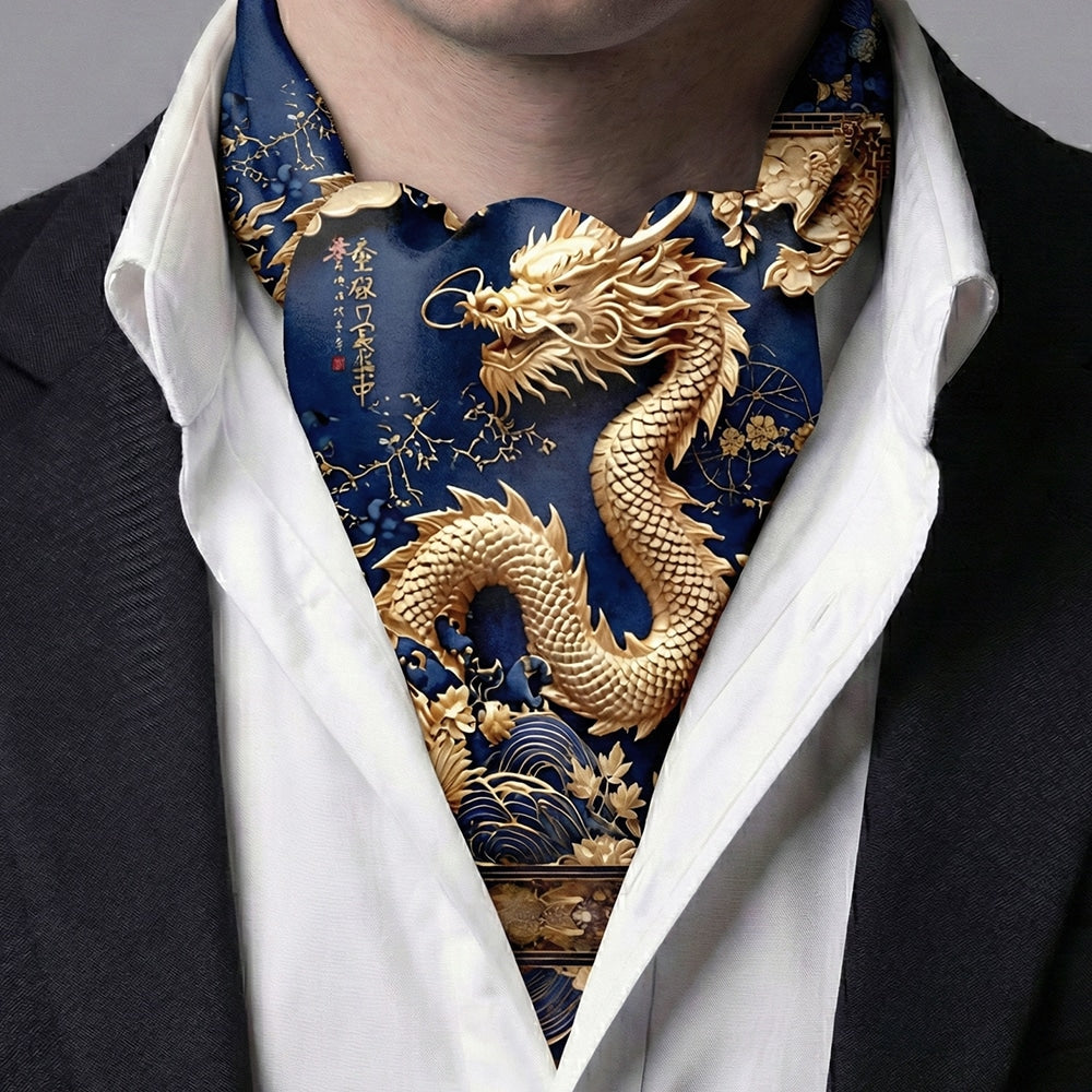 Genuine Silk Blue with Gold Dragons Ascot Cravat