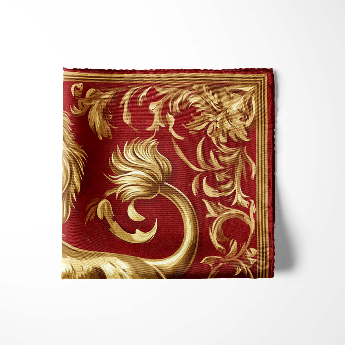 Genuine Silk Crimson and Gold Heraldic Lion Pocket Square