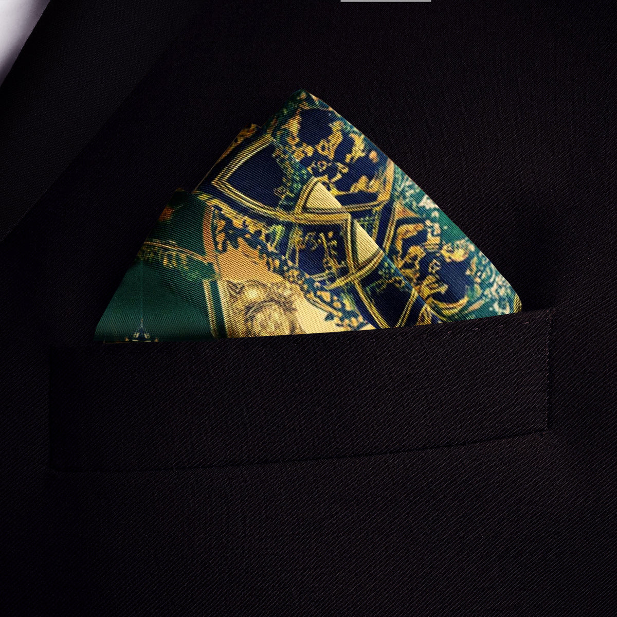 Genuine Silk Emerald Baroque Medallion Regal Pocket Square