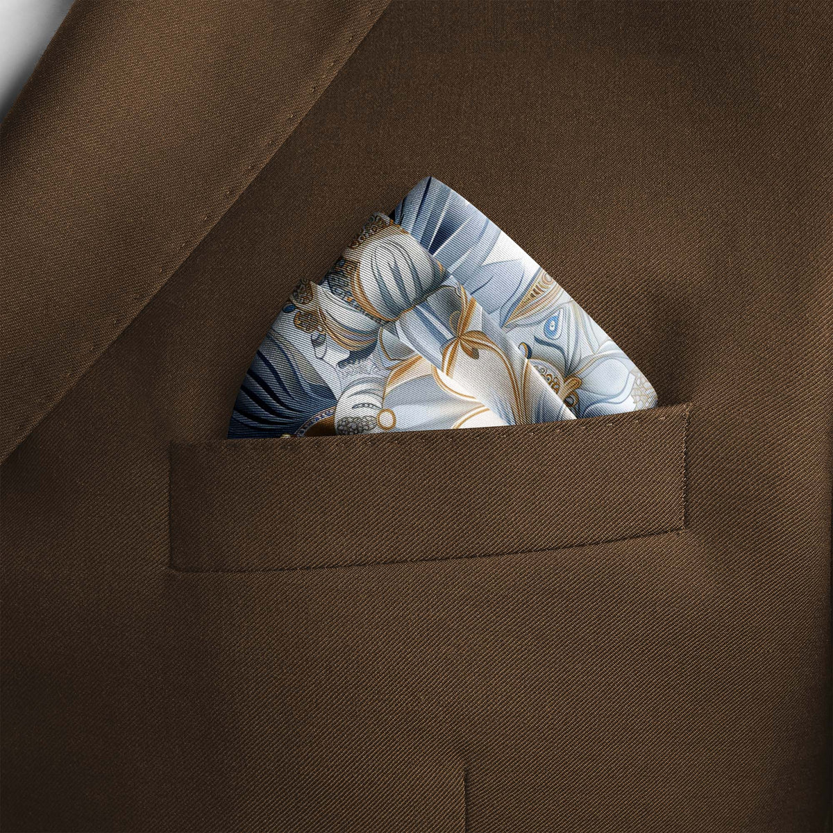 Genuine Silk Frosted Blue and Gold Mandala Pocket Square