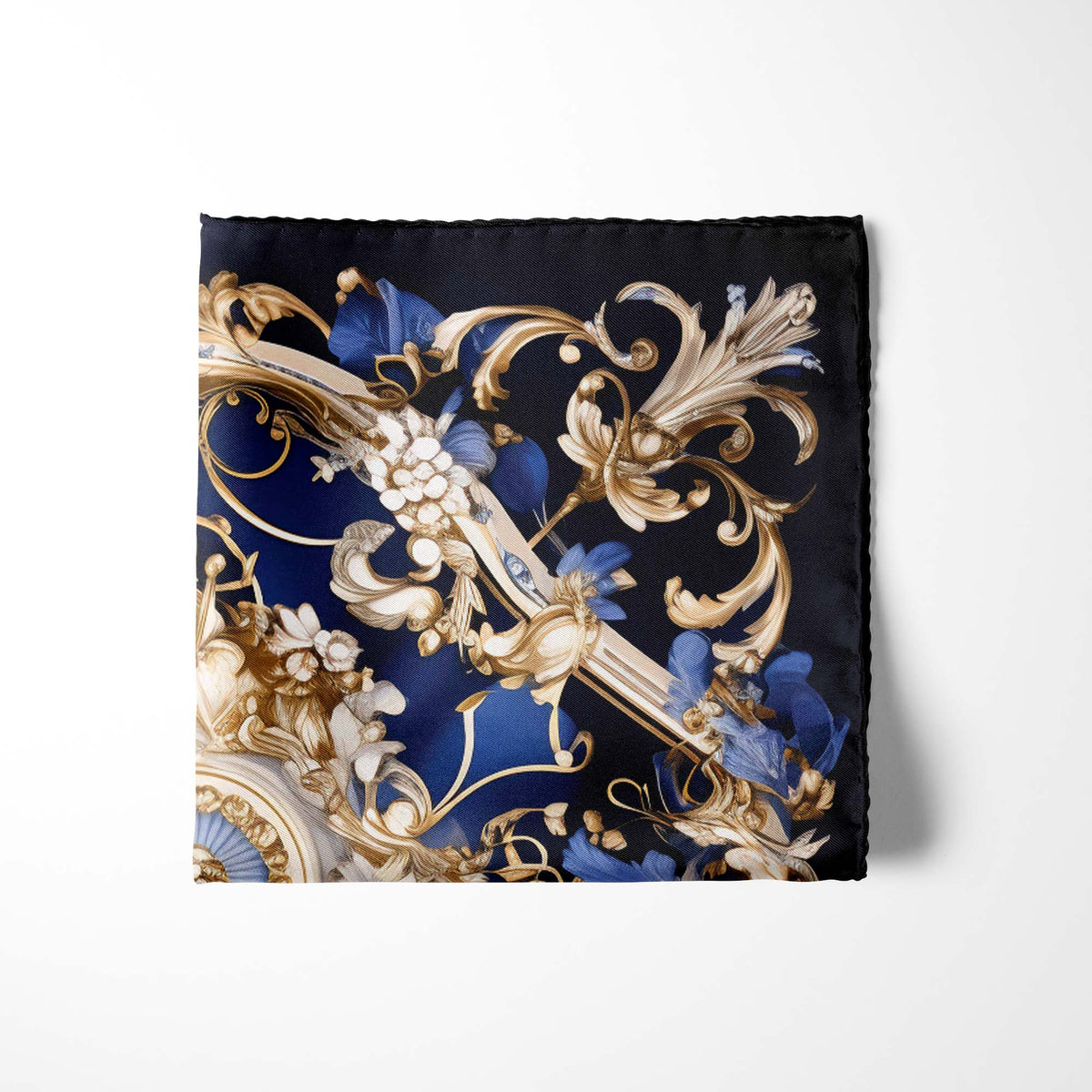 Genuine Silk Sapphire and Gold Rococo Medallion Pocket Square