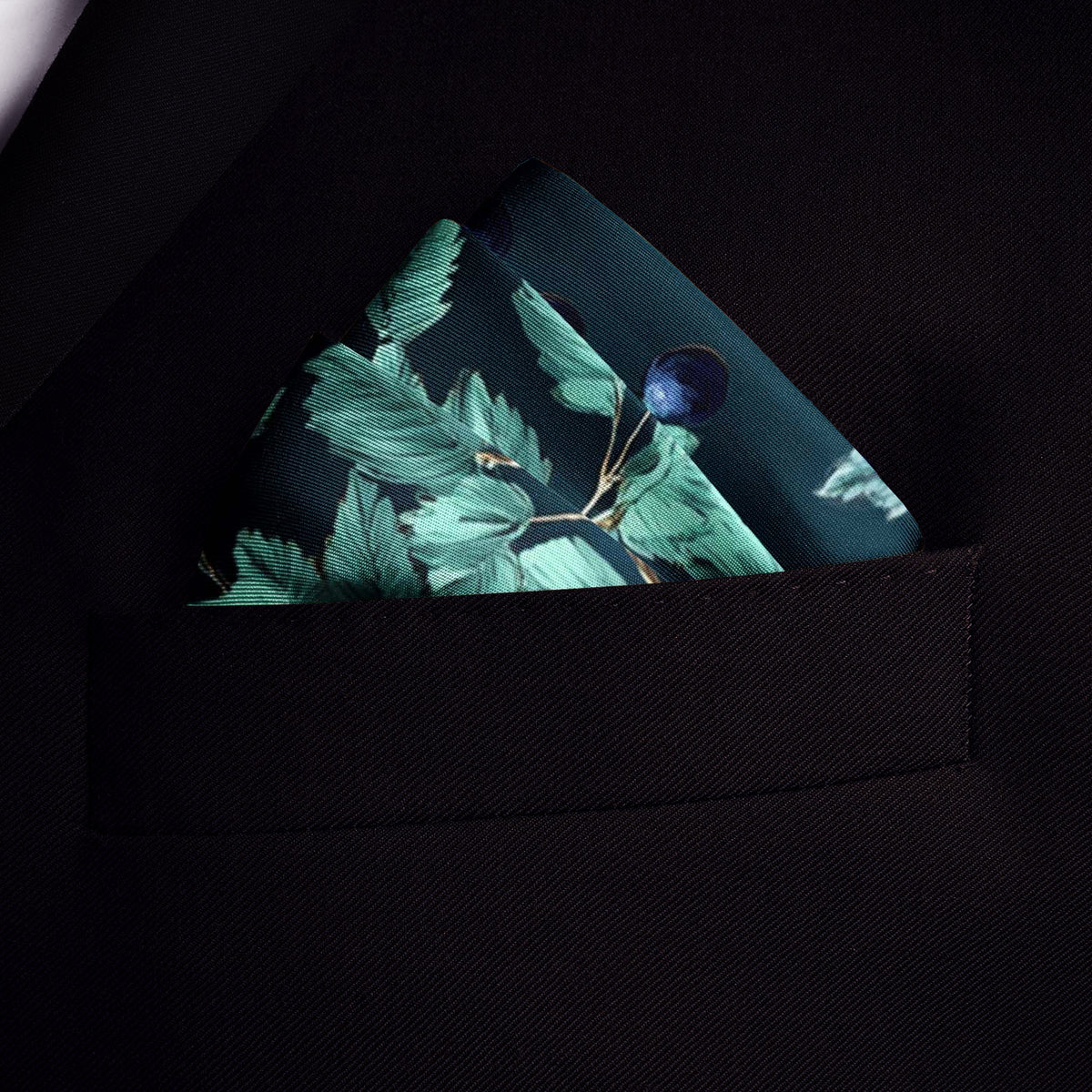 Genuine Silk Teal Gold Forest Botanical Pocket Square