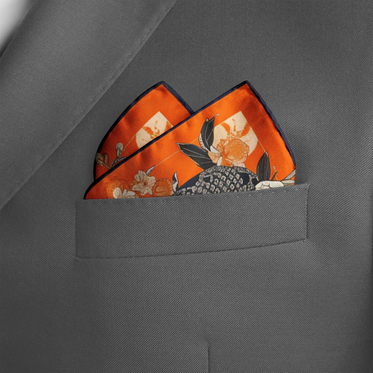 Genuine Silk Vermilion Empress and Serpent Bloom Pocket Square