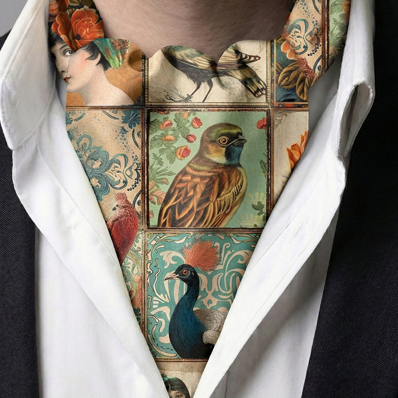 Genuine Silk Peacocks & Sparrows Floral Ascot Cravat