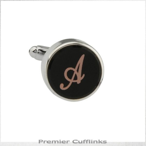 SINGLE BLACK WITH ROSE GOLD INITIAL A CUFFLINK