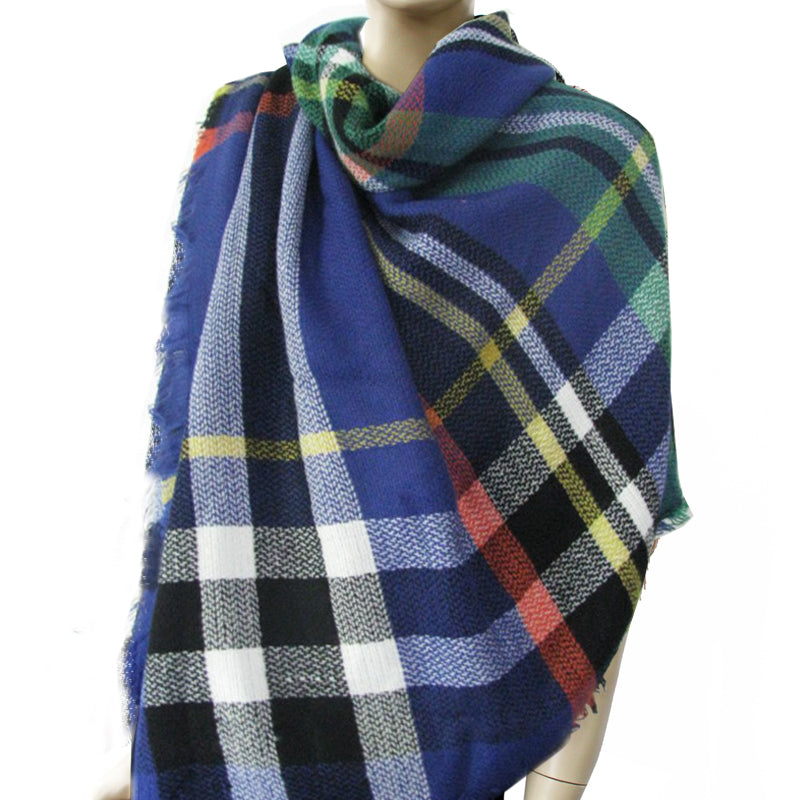 Blue. Black, White Green & Yellow Tartan Womens Scarf