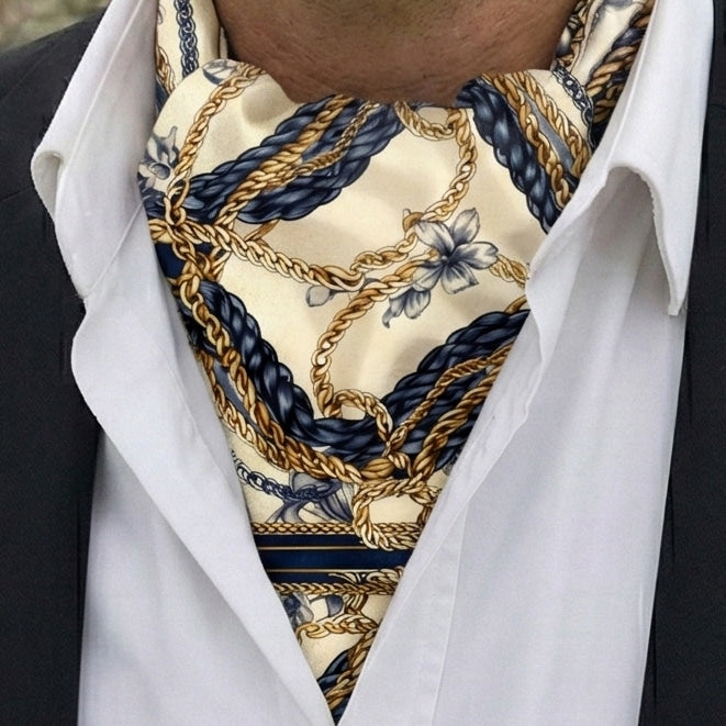 Genuine Silk Cream with Blue & Gold Chains Ascot Cravat