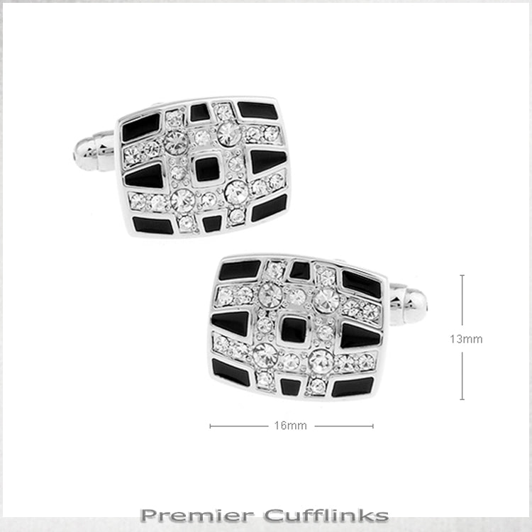 Curved Diamante Lines On Black Cufflinks