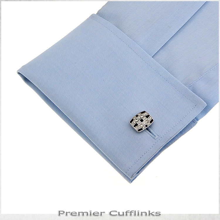 Curved Diamante Lines On Black Cufflinks