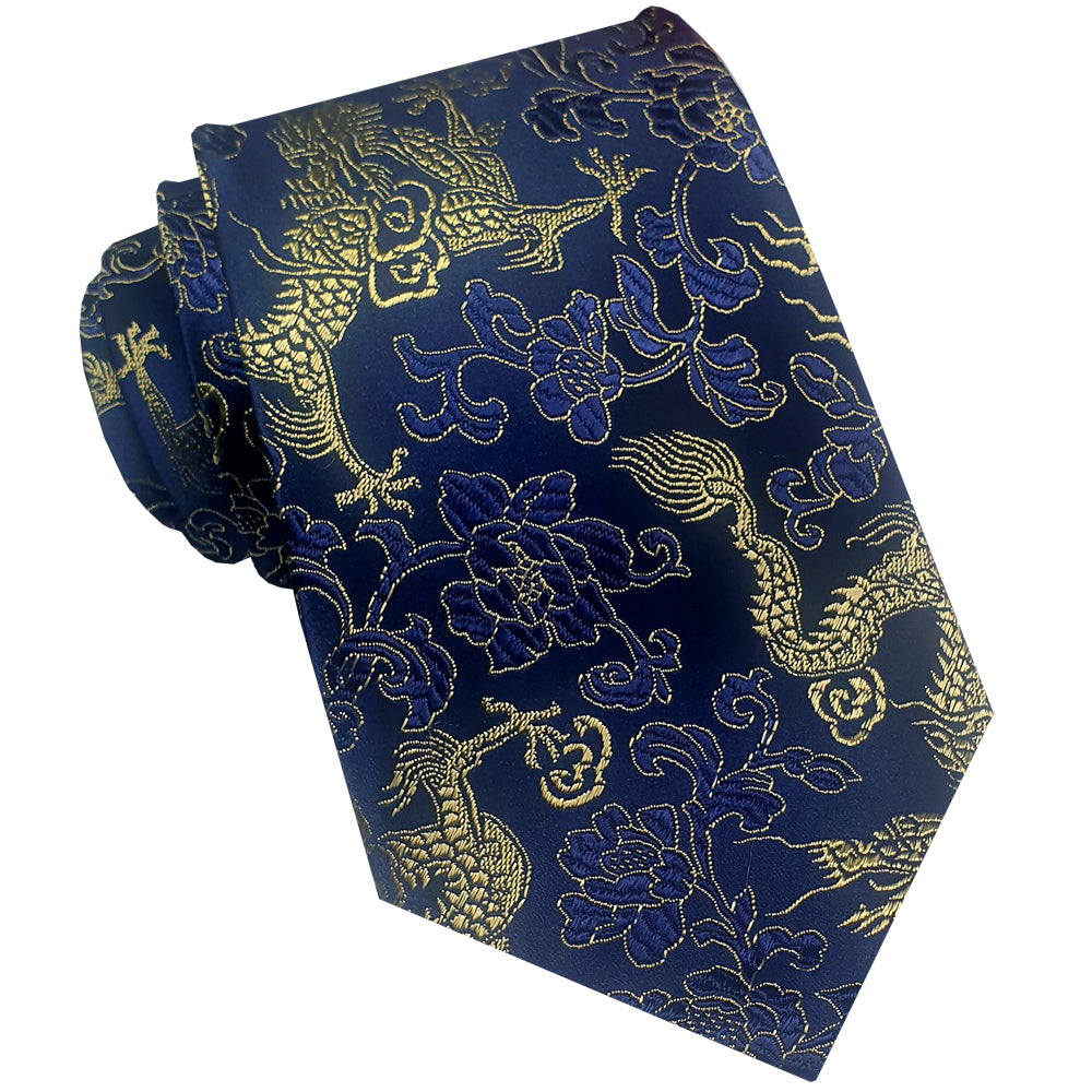 Dark Blue and Gold Dragons Hong Kong Style Tie