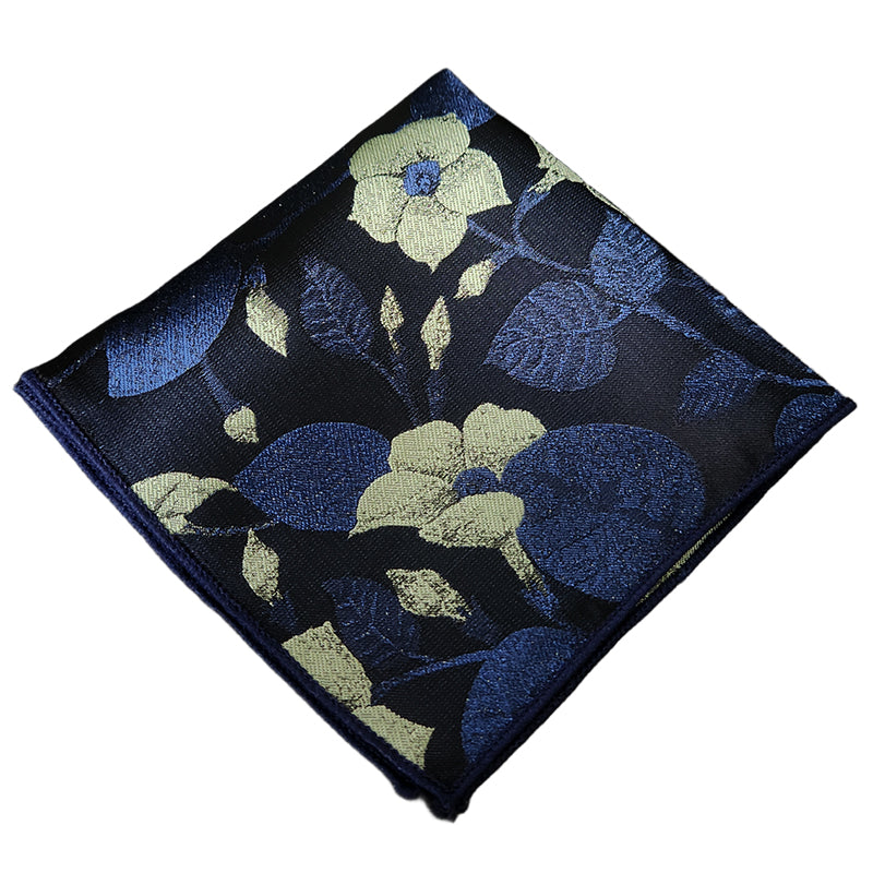 Dark Blue with Pale Gold Floral Pocket Square