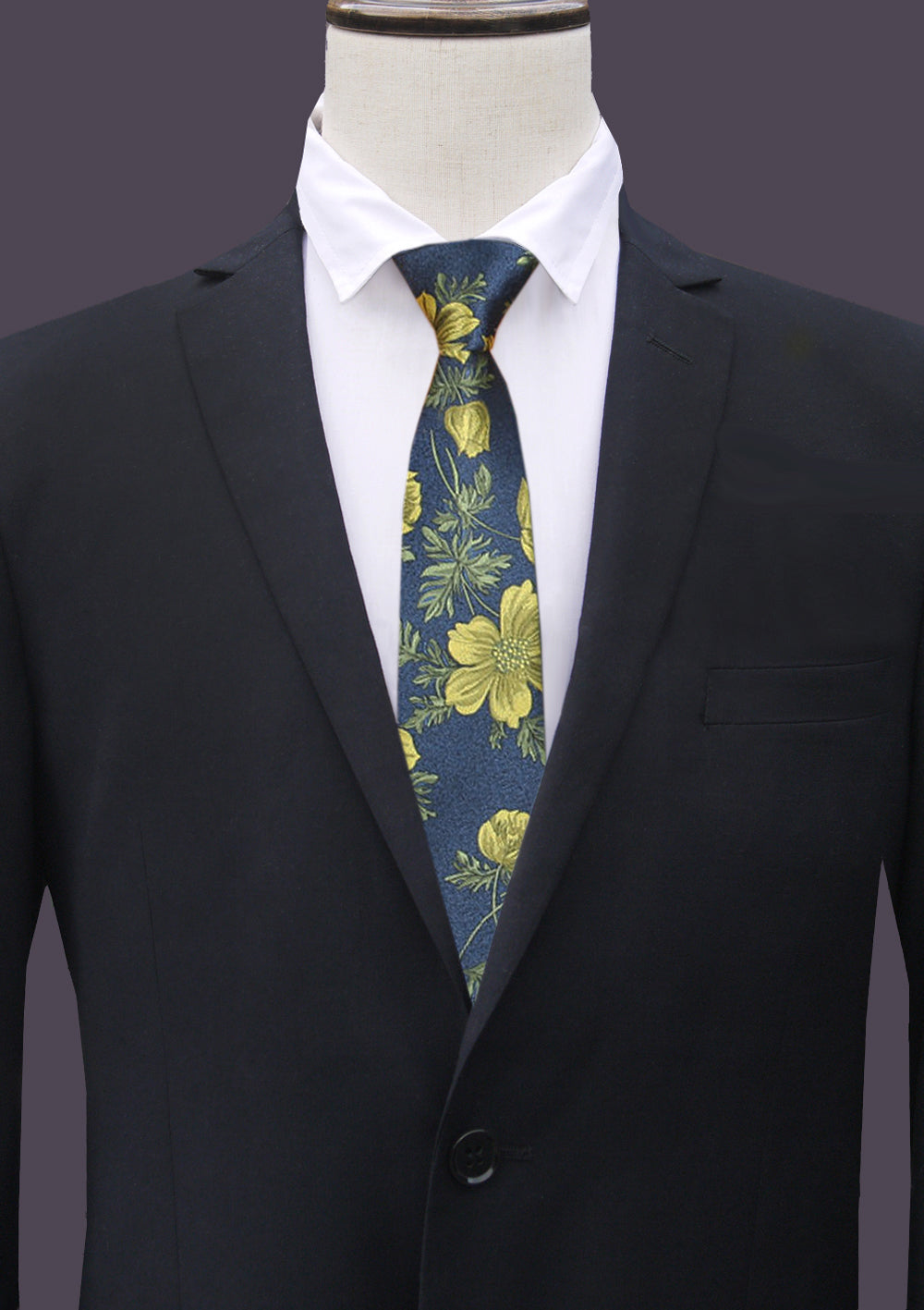 Dark Blue with Yellow Floral Slim Tie