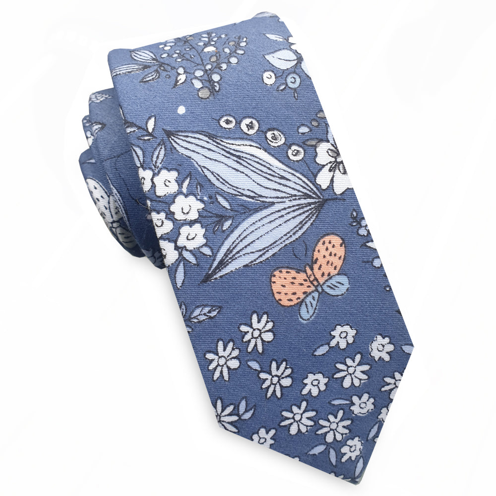 Denim Blue Floral Pattern Skinny Tie