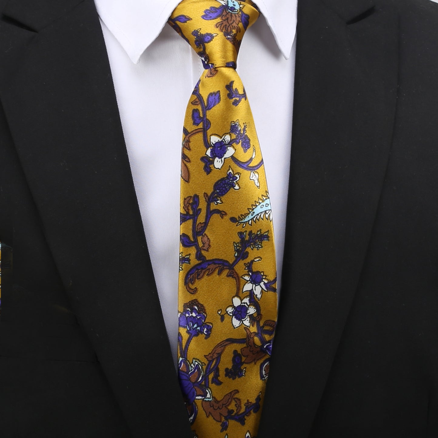 Gold with Indigo Floral Slim Tie