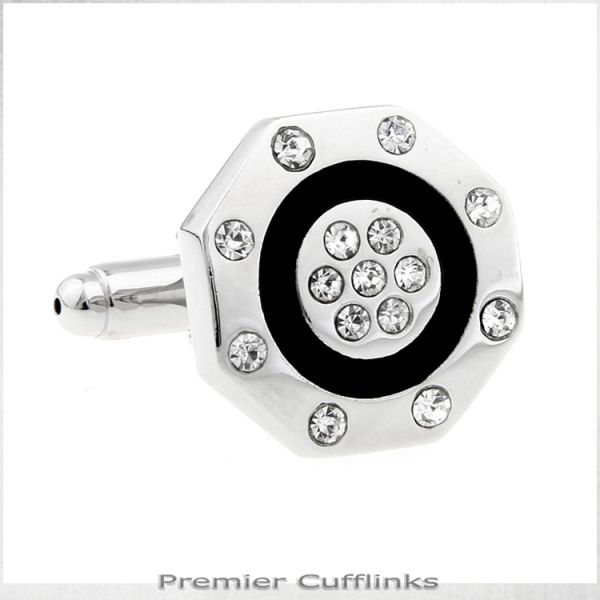OCTAGONAL SILVER WITH GEM STUDS CUFFLINKS