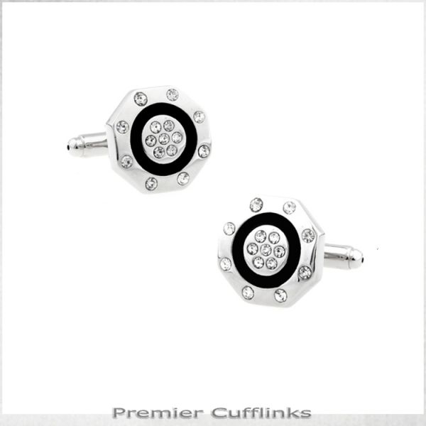 OCTAGONAL SILVER WITH GEM STUDS CUFFLINKS