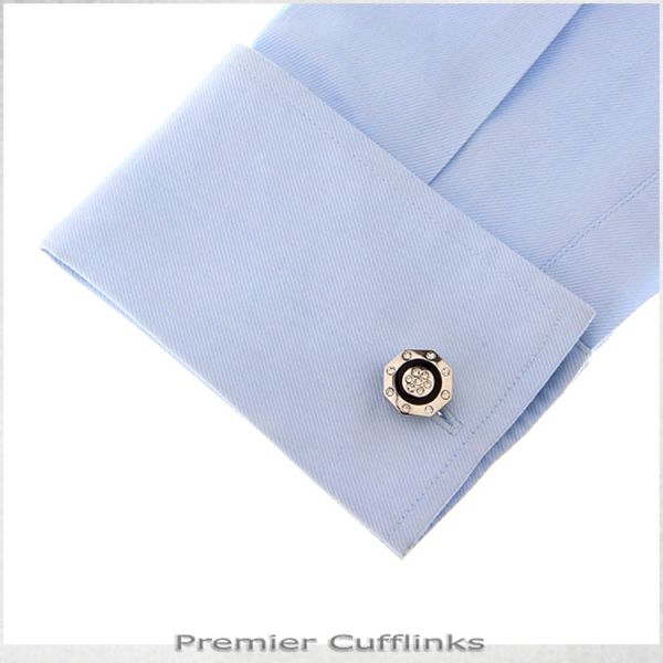 OCTAGONAL SILVER WITH GEM STUDS CUFFLINKS