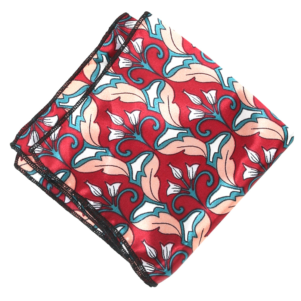 Red with White and Coral Geometric Floral Pocket Square