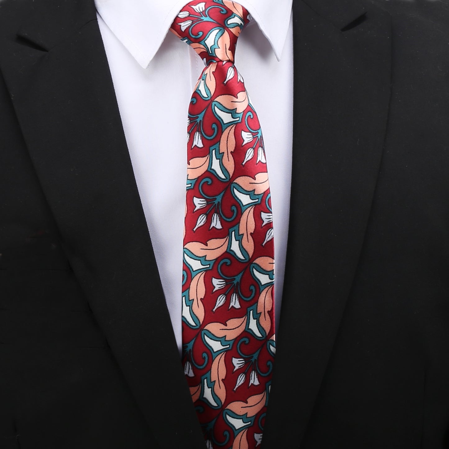 Red with White and Coral Geometric Floral Slim Tie