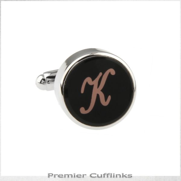 SINGLE BLACK WITH ROSE GOLD INITIAL K CUFFLINK