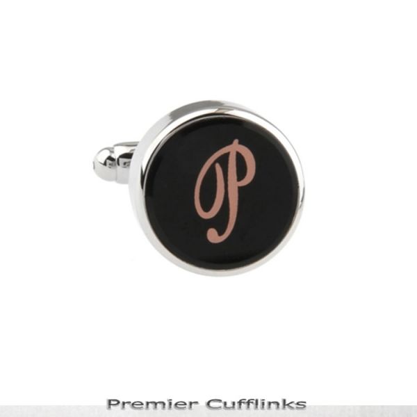SINGLE BLACK WITH ROSE GOLD INITIAL P CUFFLINK