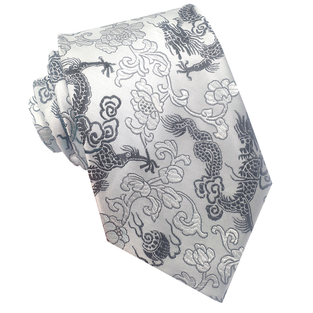 Silver with Black Dragons Hong Kong Style Tie