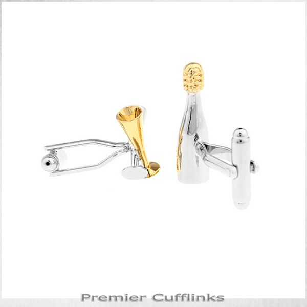 SILVER AND GOLD BOTTLE AND CHAMPAGNE GLASSES CUFFLINKS