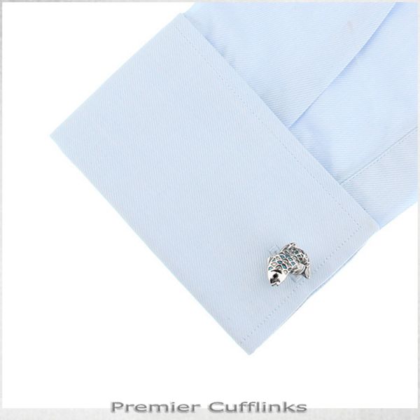SILVER AND TURQUOISE FISH CUFFLINKS