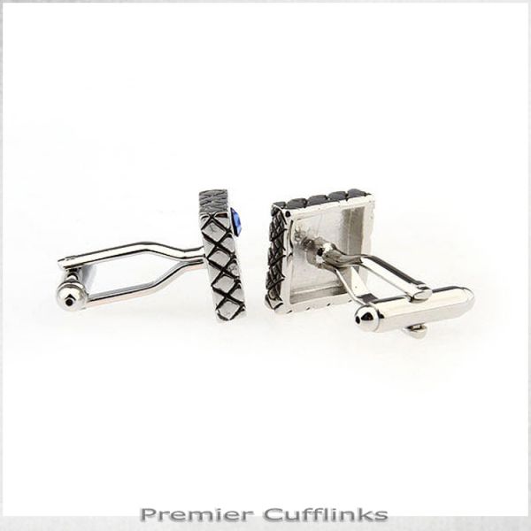 SILVER CROSSHATCH WITH BLUE INSET CUFFLINKS
