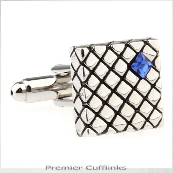 SILVER CROSSHATCH WITH BLUE INSET CUFFLINKS