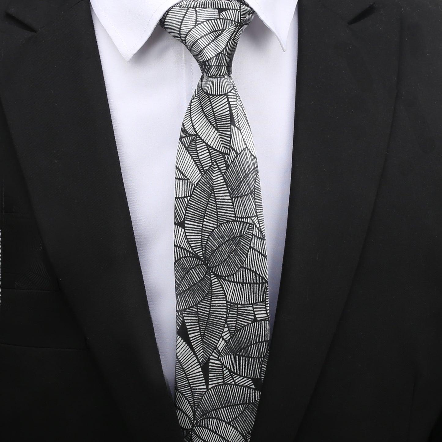 Silver with Black Geometric Leaves Slim Tie