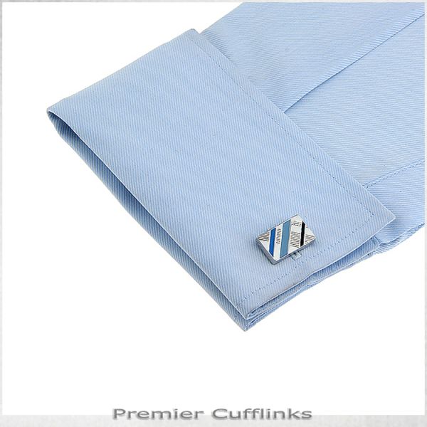 SILVER WITH BLACK AND BLUE DIAGONAL STRIPES CUFFLINKS