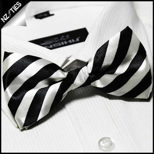 White and Black diagonal Stripes Bow Tie