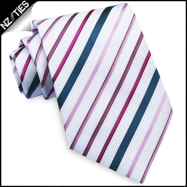 White with Purple, Pink & Blue Stripes Mens Tie