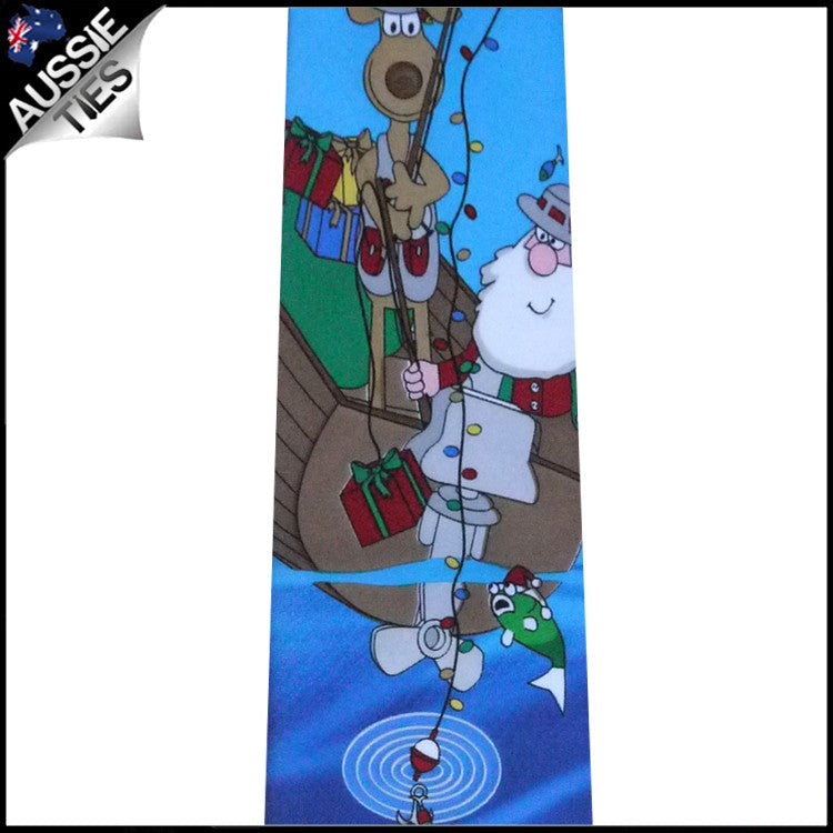 Light Blue Santa Fishing Christmas Tie 2