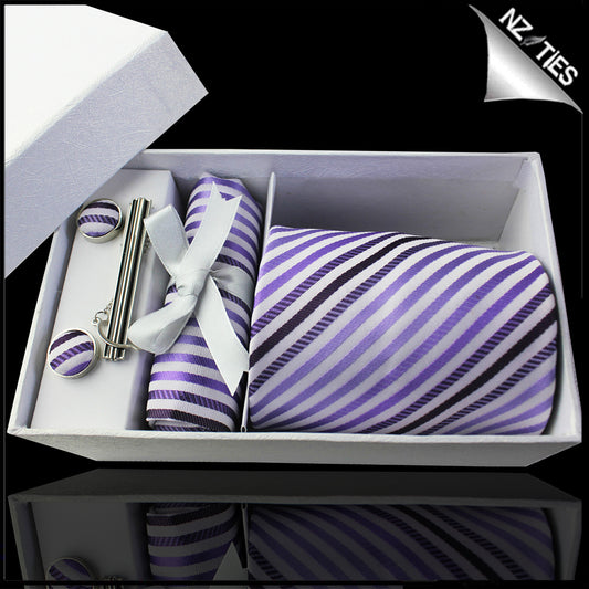 White with Purple Thin Stripes Tie Set