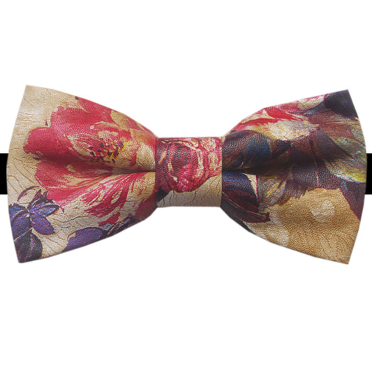 Tan with Pastel Florals Bicast Leather Bow Tie