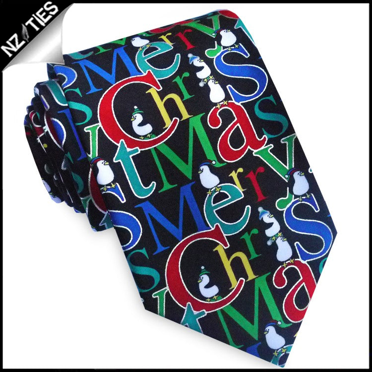 Black Merry Christmas Penguins Tie