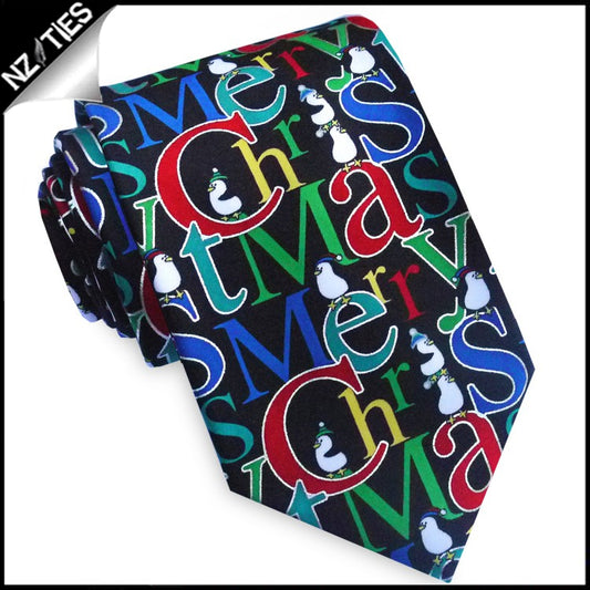 Black Merry Christmas Penguins Tie