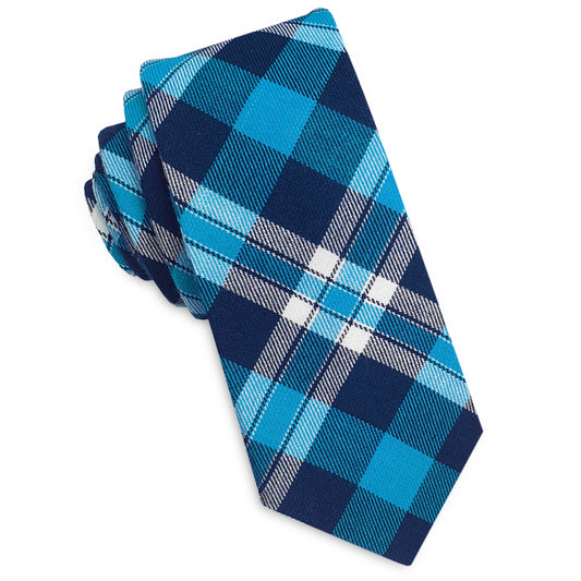 Dark Blue, Turquoise and White Tartan Plaid Skinny Tie