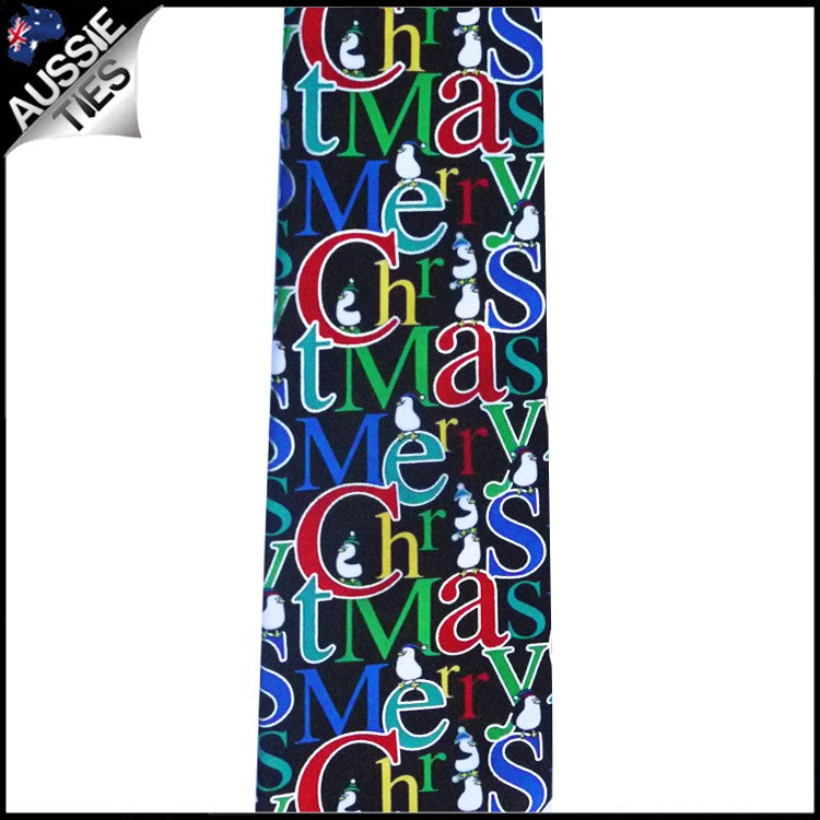 Black Merry Christmas Penguins Tie 2